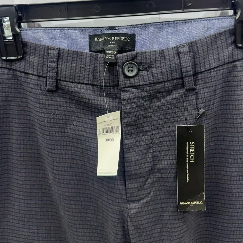 Banana Republic Men's 514668 Slim Fit Stretch Casual Pants Blue Gray Plaid 30x30